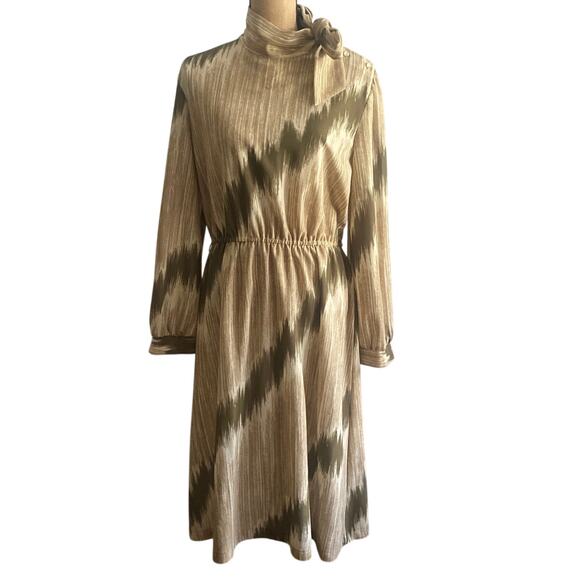 Vintage Dresses & Skirts - Vintage 70s Abstract Midi Dress High Neck Side Bow Olive Taupe M
